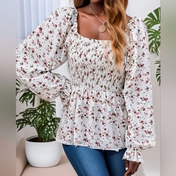 SHEIN Tops - SHEIN Women's White Floral Smocked Long Sleeve Blouse Size Small (4) 🐈